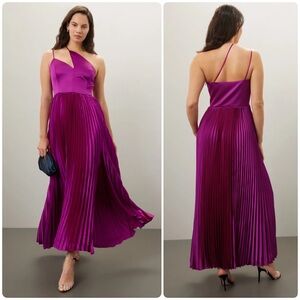 AMUR Fuchsia One-Shoulder Pleated Satin Maxi Dress
